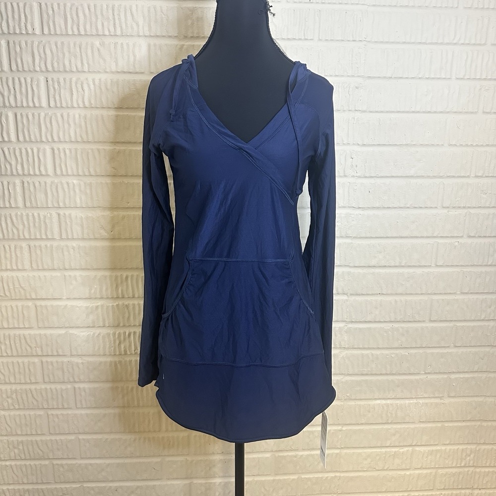 CRZ Yoga Navy Blue Outdoor Hoodie Dress V Neck Pocket Athletic Hooded